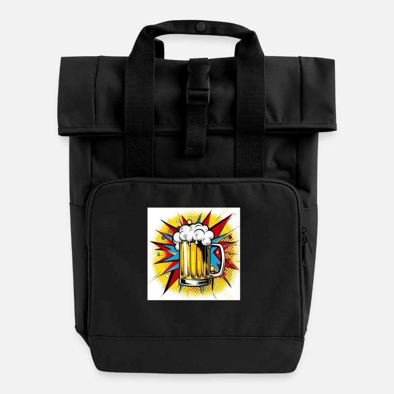 Designer Power Beer - Roll Top Backpack with Two Handles - black