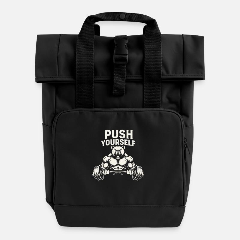 Push Yourself Bear - Roll Top Backpack with Two Handles - black