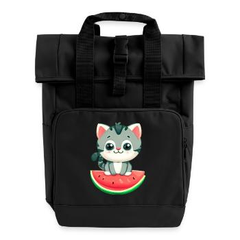Cute cat with watermelon - Kawaii Design - Roll Top Backpack with Two Handles - black - Front