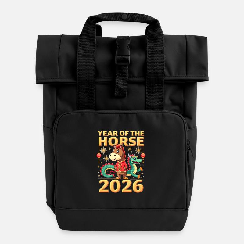 Nouvel An chinois du cheval 2026 - Sac à dos Roll Top à deux anses - noir