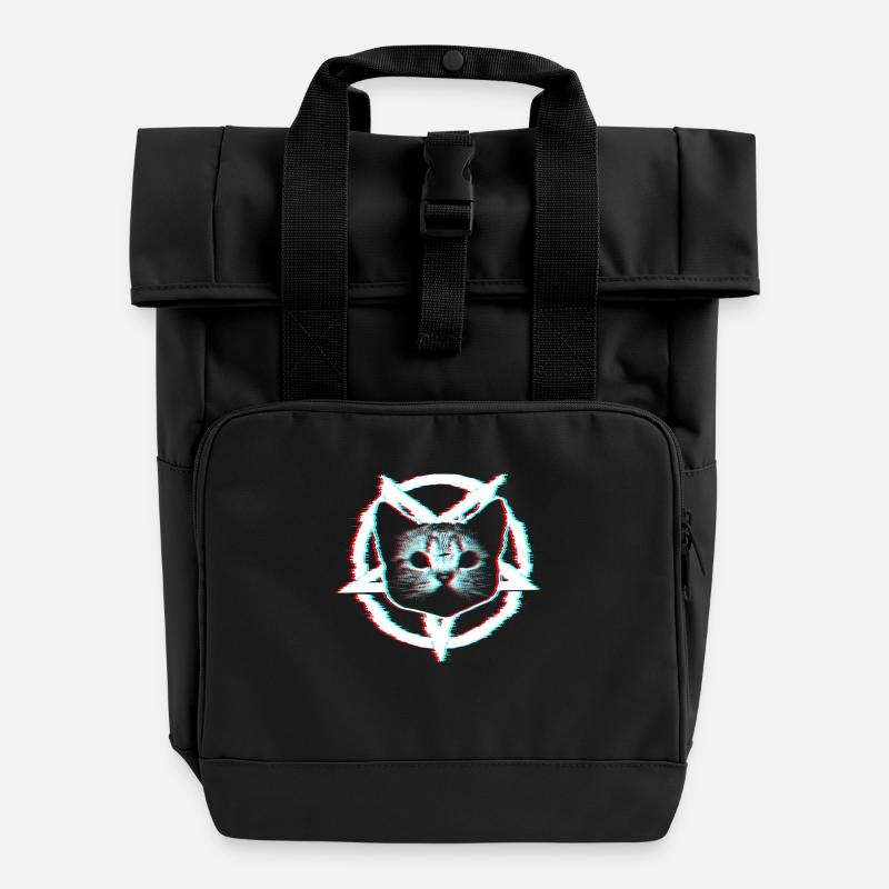 Satanic cat in the pentagram | RGB effect - Roll Top Backpack with Two Handles - black