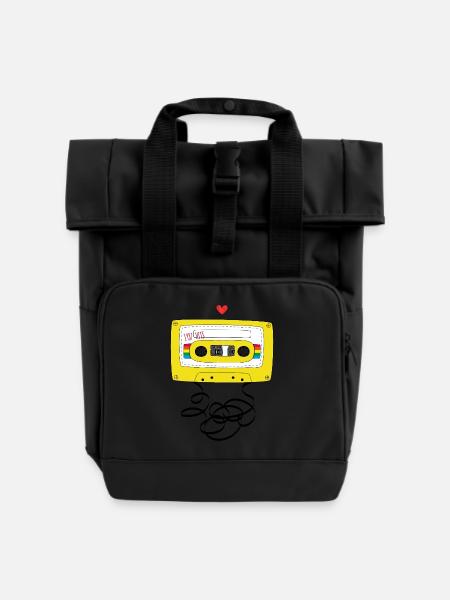 Kassette & Stift - Rolltop Rucksack mit zwei Griffen - Schwarz