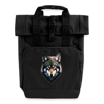 Wolf Kopf - Rolltop Rucksack mit zwei Griffen - Schwarz - Vorne