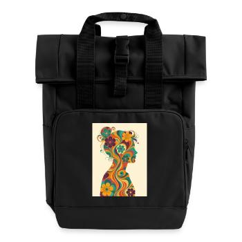 Floral Woman Silhouette in 70s Style - Roll Top Backpack with Two Handles - black - Front