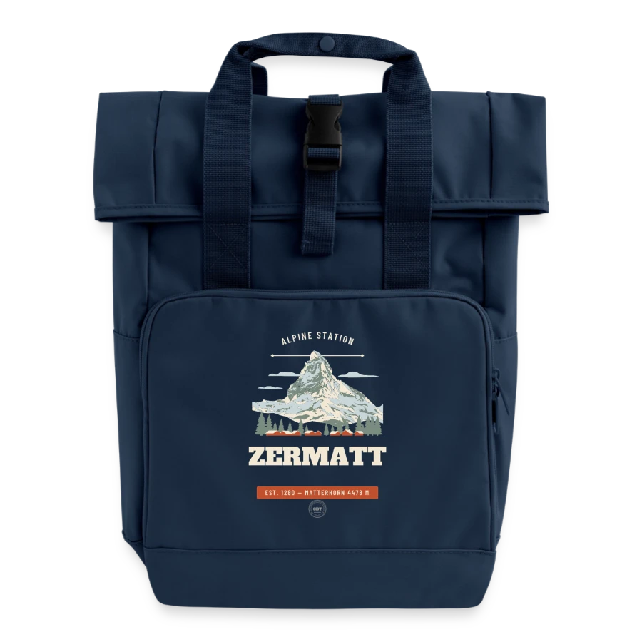 Zermatt badge on a roll top backpack with two handles, navy
