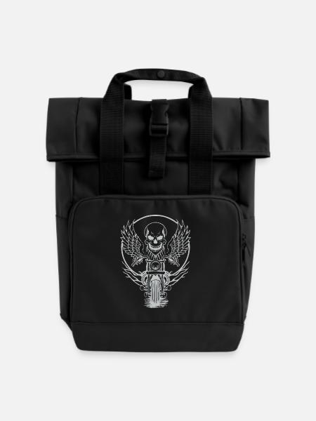 Skull on motorcycle with wings - Roll Top Backpack with Two Handles - black