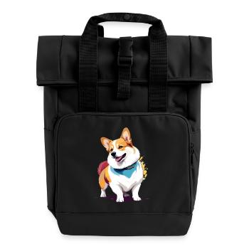 Corgi Vektor Kunst mit lebendiger Farbillustration - Rolltop Rucksack mit zwei Griffen - Schwarz - Vorne
