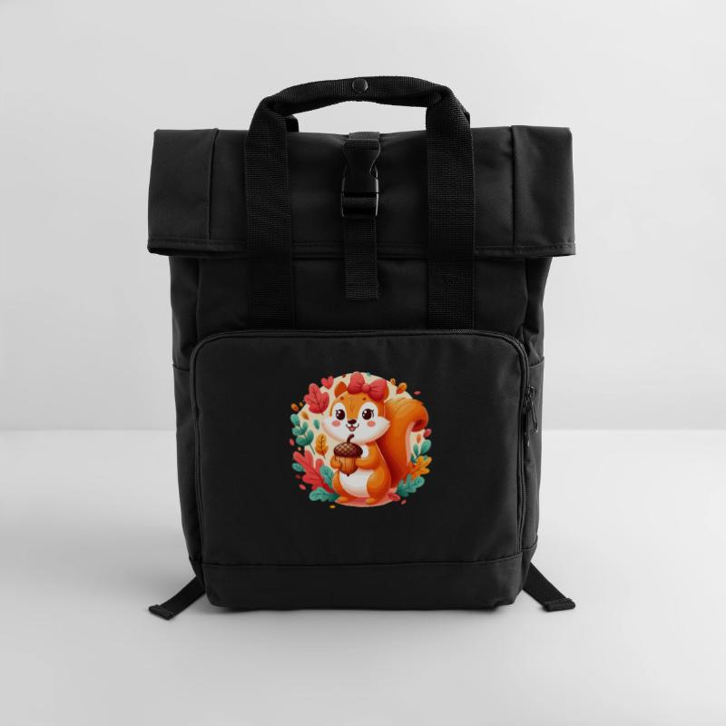 Süßes Eichhörnchen mit Eichel Rolltop Rucksack mit zwei Griffen