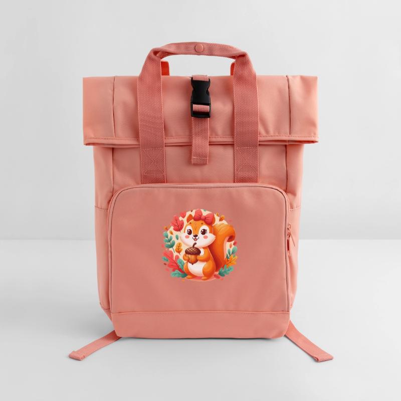 Süßes Eichhörnchen mit Eichel Rolltop Rucksack mit zwei Griffen