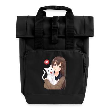 Girl with cat - Roll Top Backpack with Two Handles - black - Front