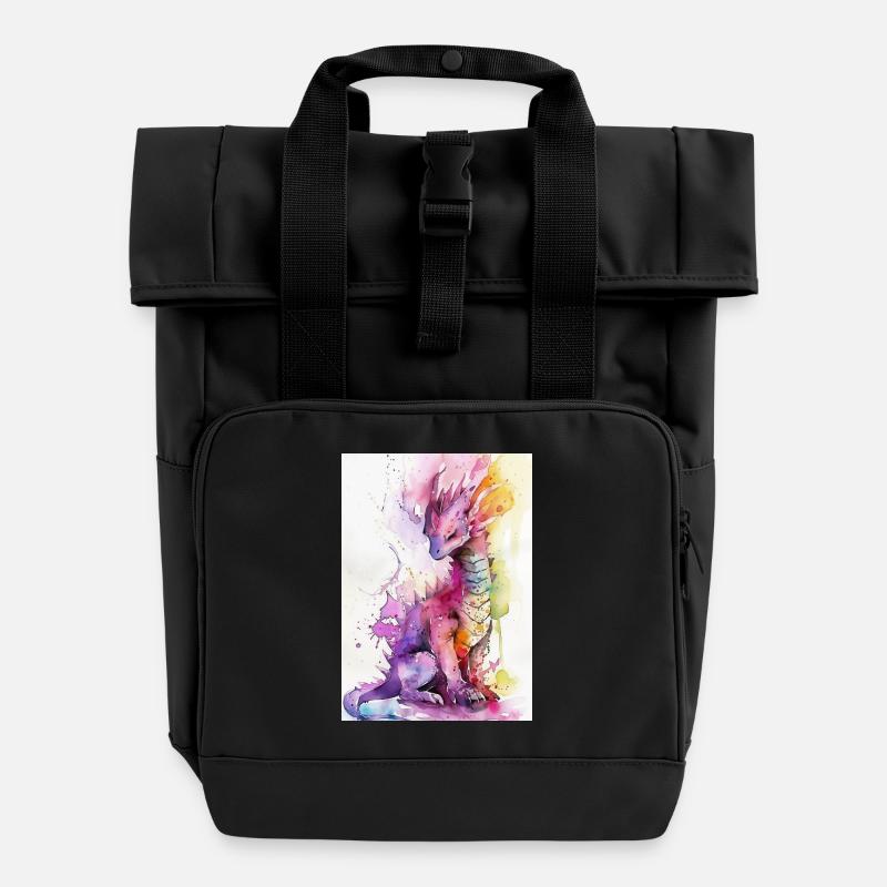 Rainbow Watercolor Dragon - Roll Top Backpack with Two Handles - black