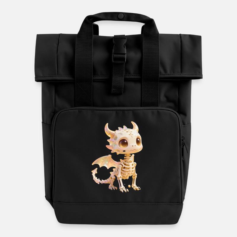 Iridescent Dino Skeleton Baby Dragon - Roll Top Backpack with Two Handles - black