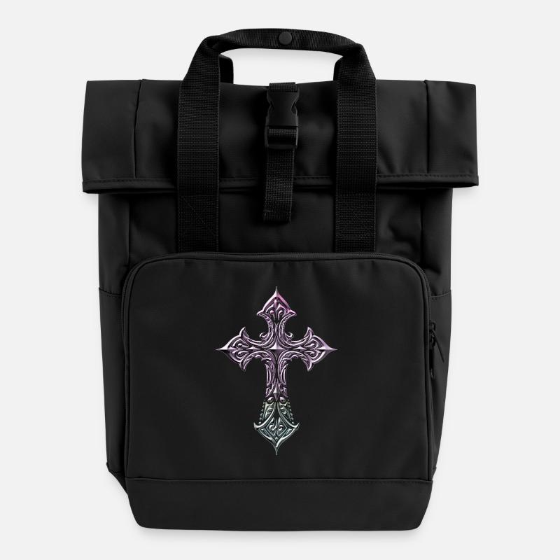 Iridescent Filigree Cross - Roll Top Backpack with Two Handles - black