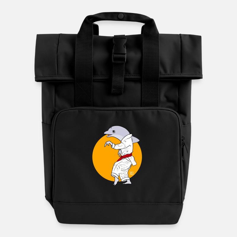 Karate dolphin in kimono - Roll Top Backpack with Two Handles - black