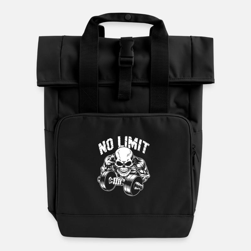 Bodybuilding Skull Workout and No Limit - Roll Top Backpack with Two Handles - black