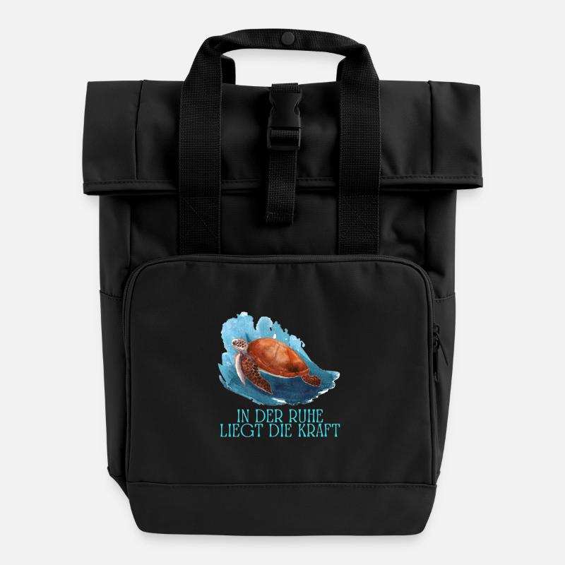 In the peace lies the power of the turtle - Roll Top Backpack with Two Handles - black