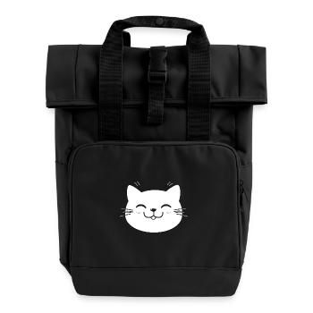 Funny Kawaii Cat Face - Roll Top Backpack with Two Handles - black - Front