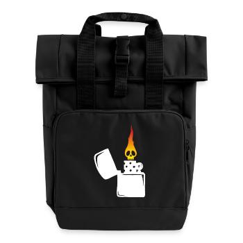 flaming skull and white lighter - Roll Top Backpack with Two Handles - black - Front