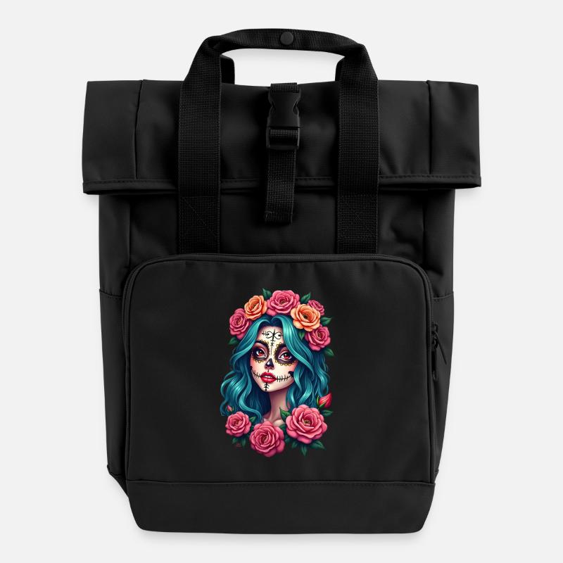 Dia de los Muertos head woman Mexico sugar skull - Roll Top Backpack with Two Handles - black