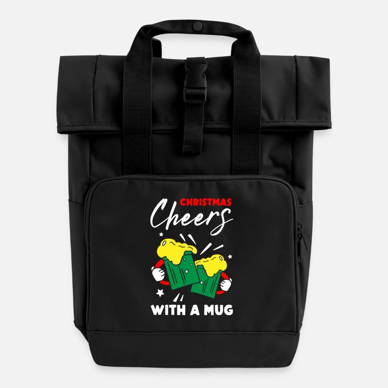 Christmas Cheers With A Mug - Roll Top Backpack with Two Handles - black