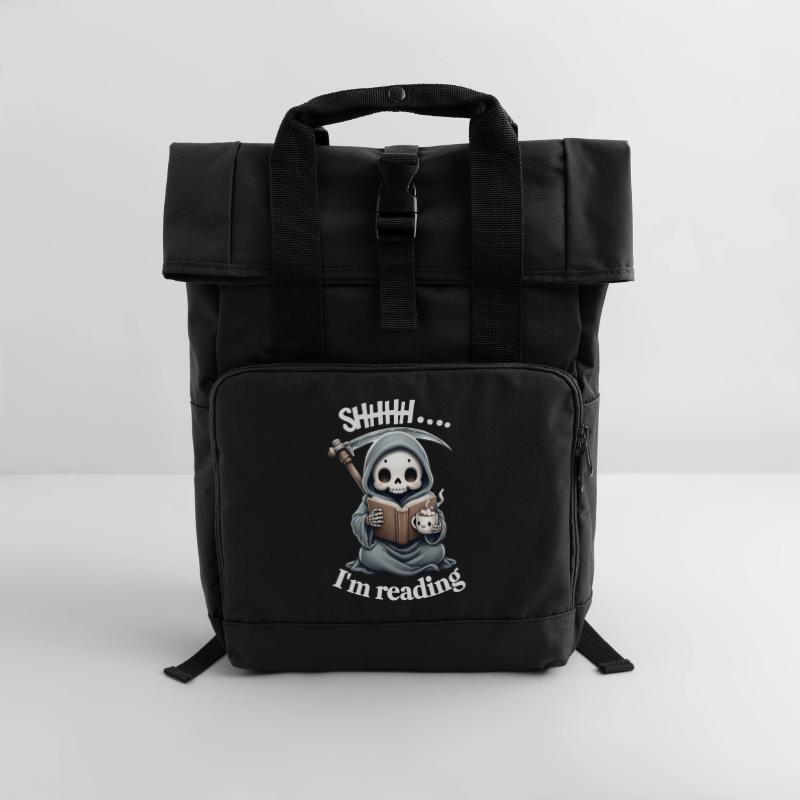 Sensenmann liest ein Buch mit Kaffee Rolltop Rucksack mit zwei Griffen