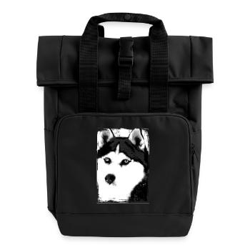 Black and white Husky portrait on textile - Roll Top Backpack with Two Handles - black - Front