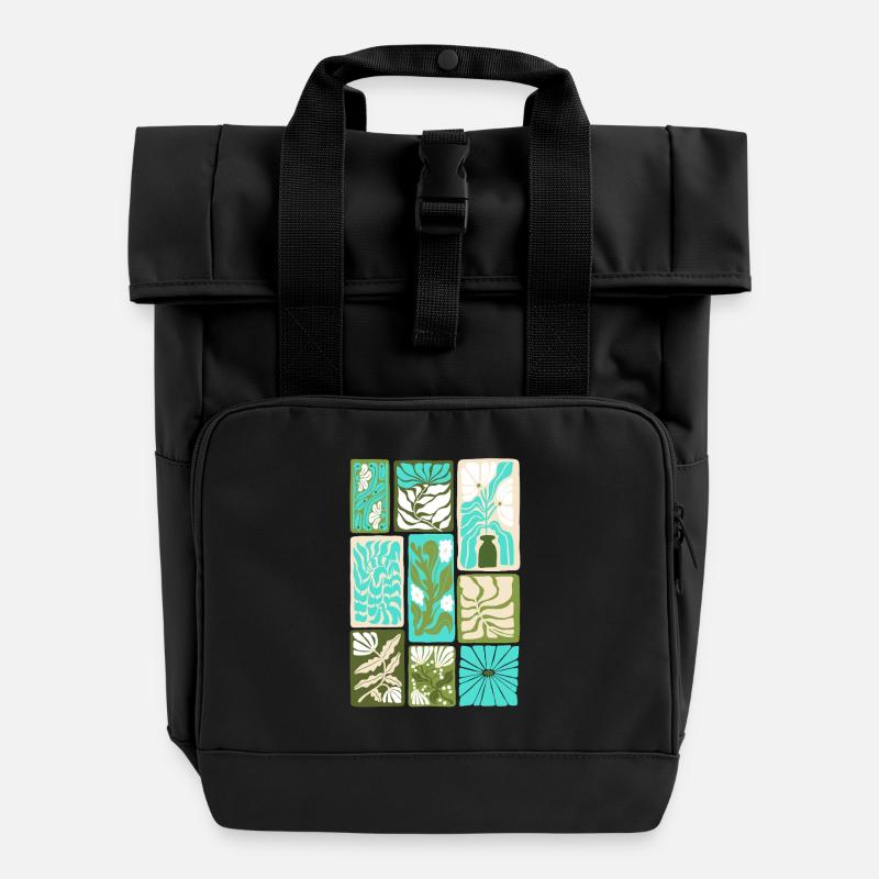 Colorful Botanical Mosaic - Roll Top Backpack with Two Handles - black