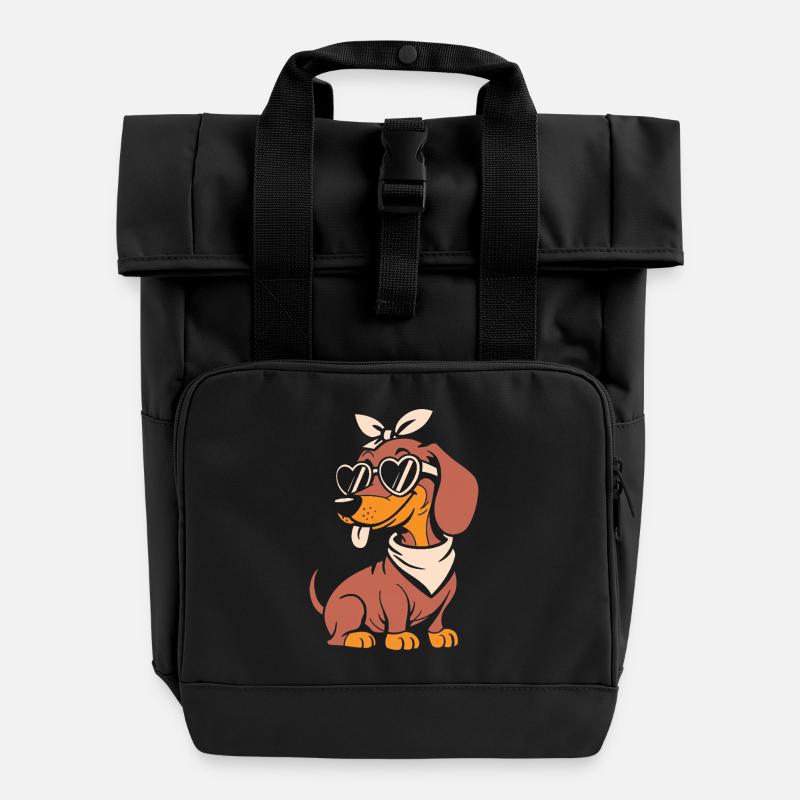 Cool Dachshund Dog Heart Glasses - Roll Top Backpack with Two Handles - black