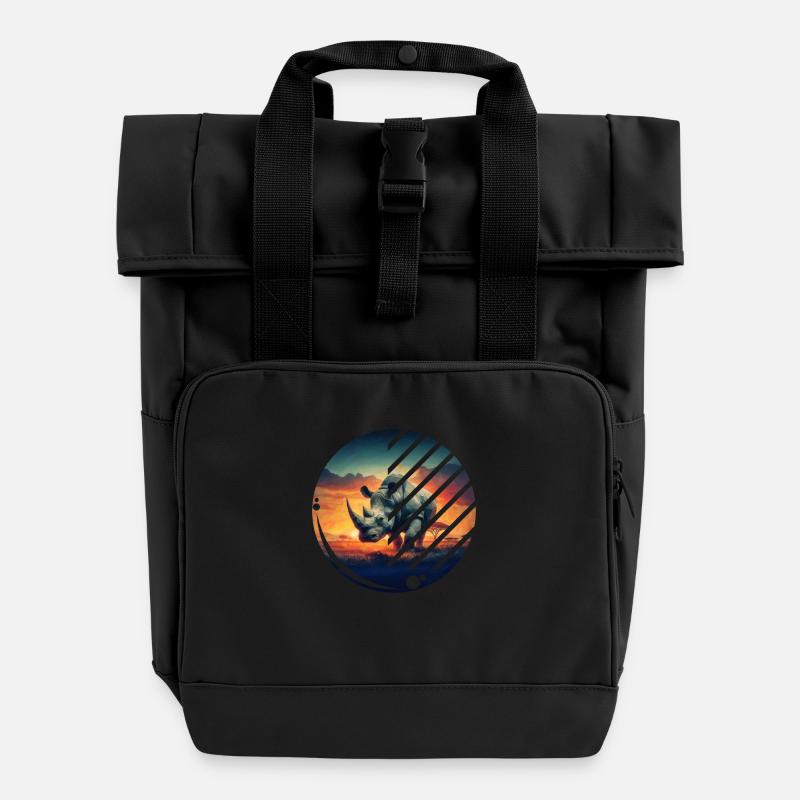 Geometric Rhino Sunset Scene - Roll Top Backpack with Two Handles - black