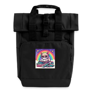 Süße Katze liest Bücher unter dem Regenbogen - Rolltop Rucksack mit zwei Griffen - Schwarz - Vorne