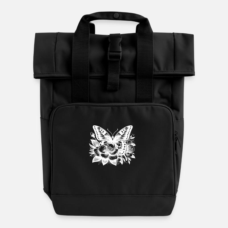 Papillon et fleurs comme œuvre d’art de tatouage - Sac à dos Roll Top à deux anses - noir
