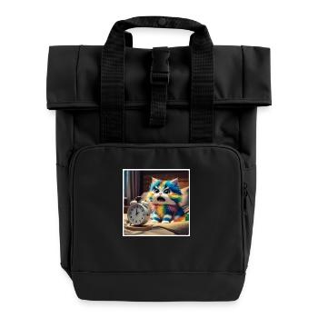 Katze mit Wecker - Rolltop Rucksack mit zwei Griffen - Schwarz - Vorne