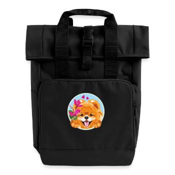 Lugender glücklicher Zwergspitzer Hund mit Blumen - Rolltop Rucksack mit zwei Griffen - Schwarz - Vorne