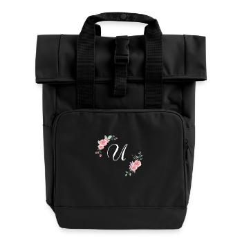 Pink floral u letter - Roll Top Backpack with Two Handles - black - Front