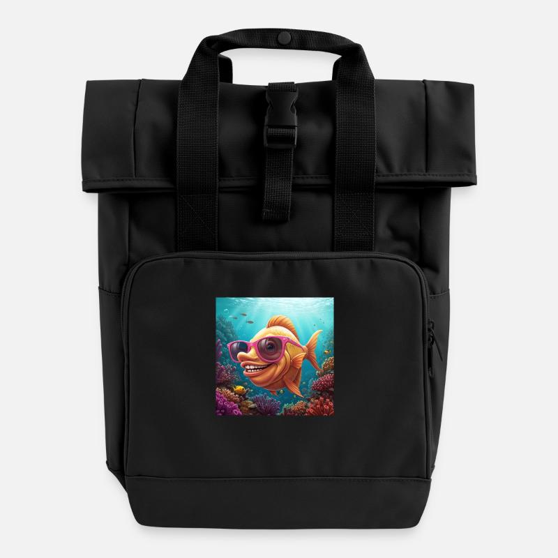Fins Funny fish with sunglasses - Roll Top Backpack with Two Handles - black
