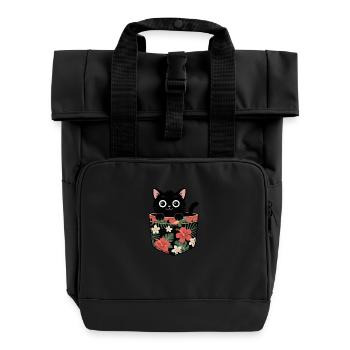 Cute Black Cat in Tropical Pocket Design - Roll Top Backpack with Two Handles - black - Front