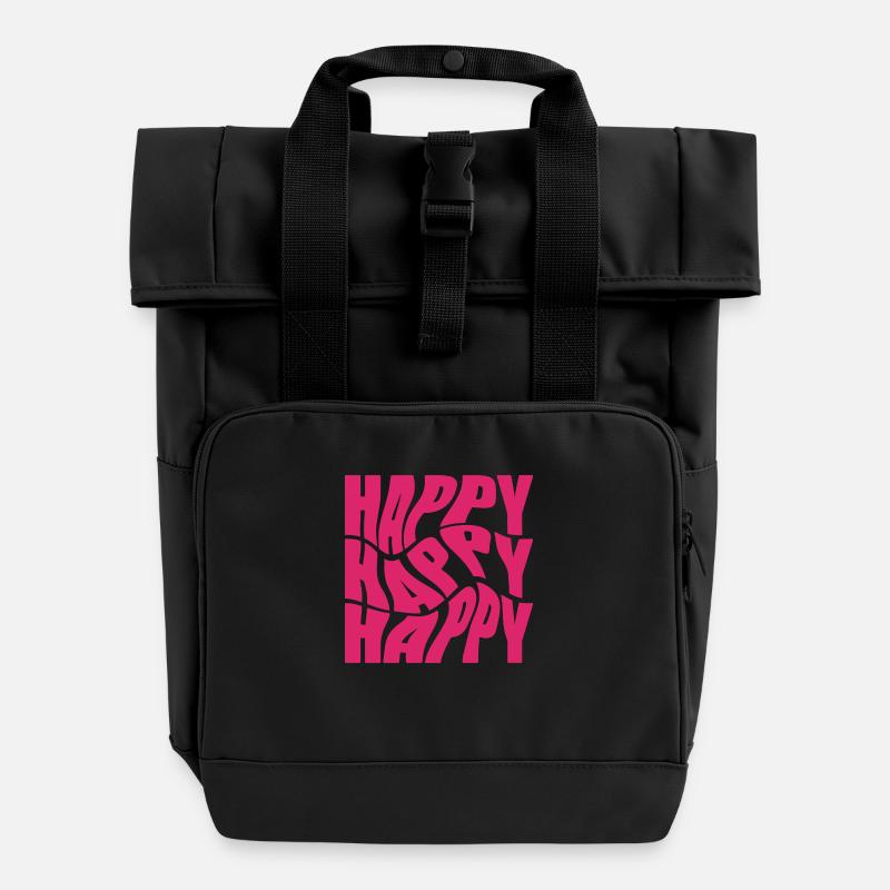 Happy Happy Happy - Roll Top Backpack with Two Handles - black
