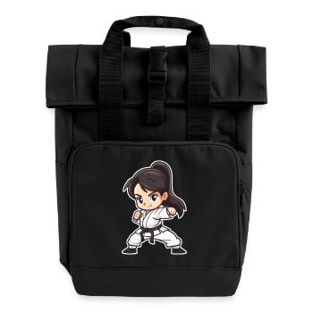 Karate Girl Cartoon Style - Roll Top Backpack with Two Handles - black - Front