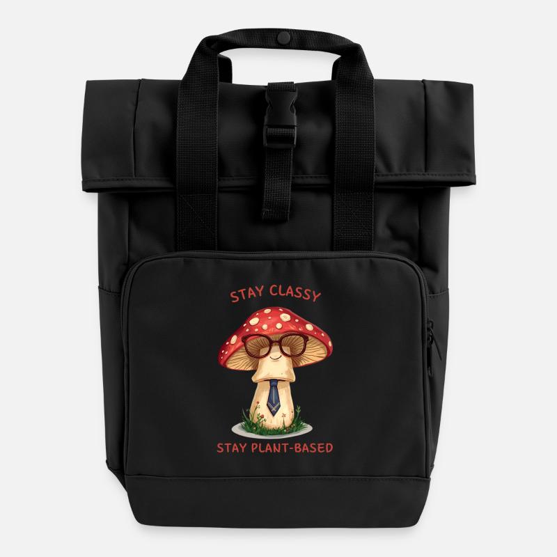 Stay Classy – Nostalgic Mushroom Design - Roll Top Backpack with Two Handles - black
