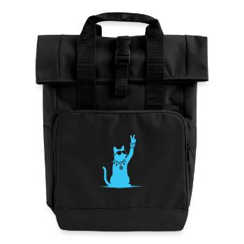 Blaue Rocker Katze – Lustiges Rockmusik Cat Design - Rolltop Rucksack mit zwei Griffen - Schwarz - Vorne