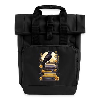 Stack of books with raven - Roll Top Backpack with Two Handles - black - Front