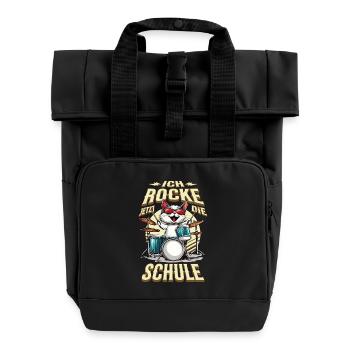 Schulkind Einschulung Katze Schlagzeug Rock Musik - Rolltop Rucksack mit zwei Griffen - Schwarz - Vorne