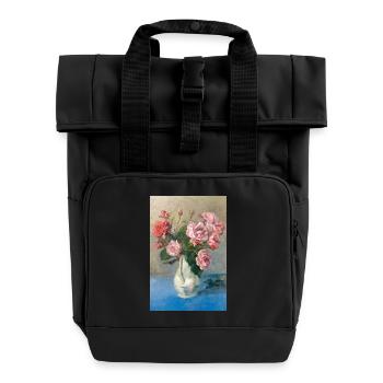 Painting - Painting with Roses in vase. - Roll Top Backpack with Two Handles - black - Front