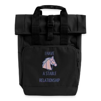 I HAVE A STABLE RELATIONSHIP blue text, horse - Roll Top Backpack with Two Handles - black - Front