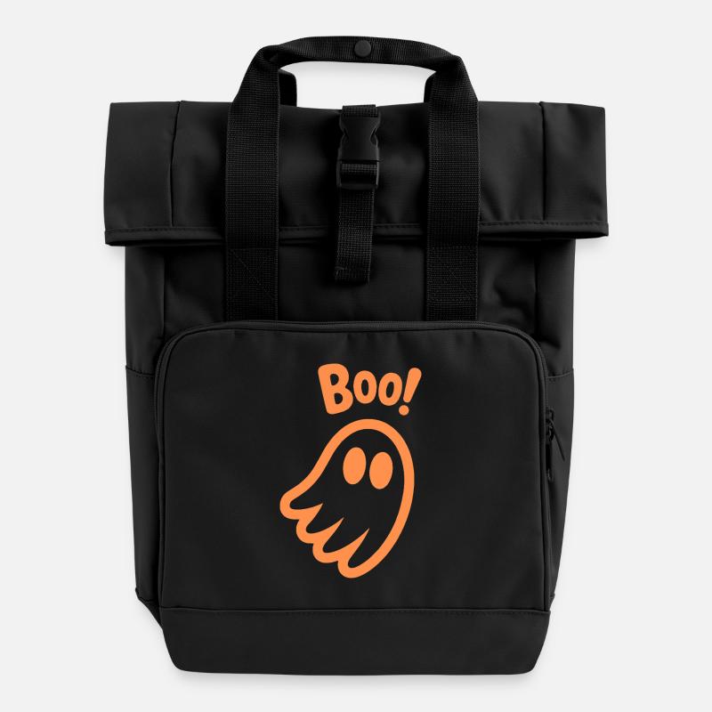 Boo! - Kids Cute Ghost Halloween Design - Roll Top Backpack with Two Handles - black