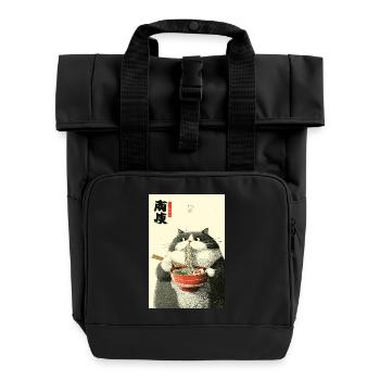 Mondbeschienene Katze schlürft Ramen - Rolltop Rucksack mit zwei Griffen - Schwarz - Vorne
