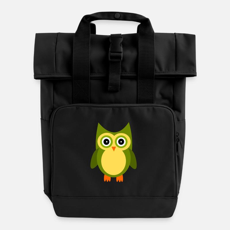 green owl bird green - Roll Top Backpack with Two Handles - black