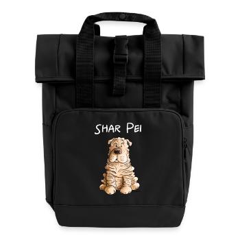 Happy Shar Pei I Folding Dog I Dog - Roll Top Backpack with Two Handles - black - Front