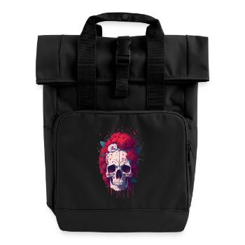 Totenkopf mit roten Blumen - Rolltop Rucksack mit zwei Griffen - Schwarz - Vorne