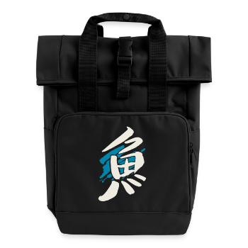Fish (Sakka) Japanese Kanji / INK - Roll Top Backpack with Two Handles - black - Front